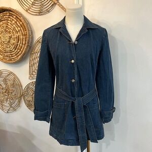 Vintage Denim Belted Jacket 90s Blue Chore Utility Coat Cotton S